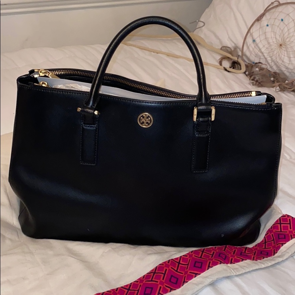 Tory Burch Robinson Double Zip Black Leather Tote